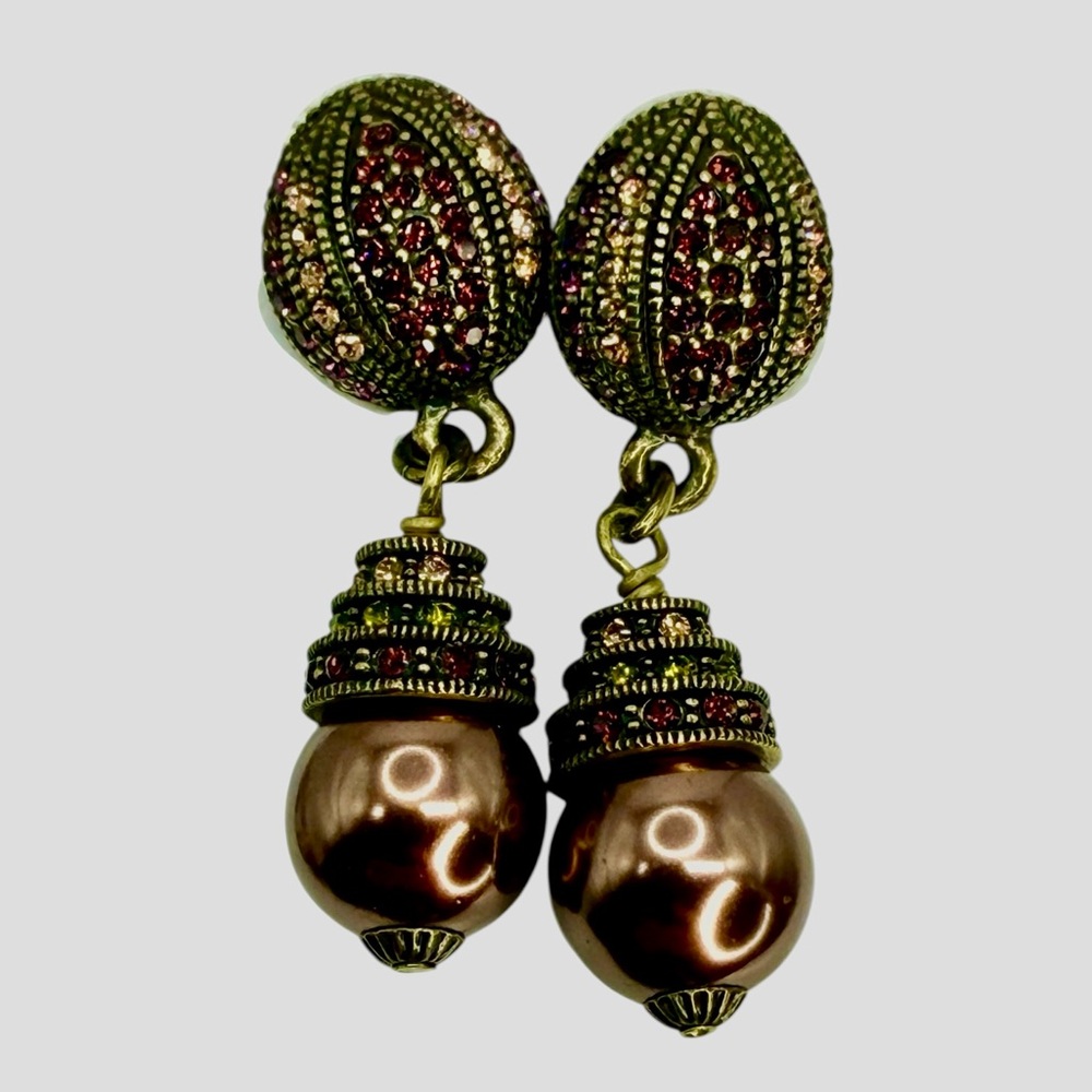Heidi Daus Vintage Chandelier Earrings – Purple Crystal & Pearl Drop Clip-Ons 2”